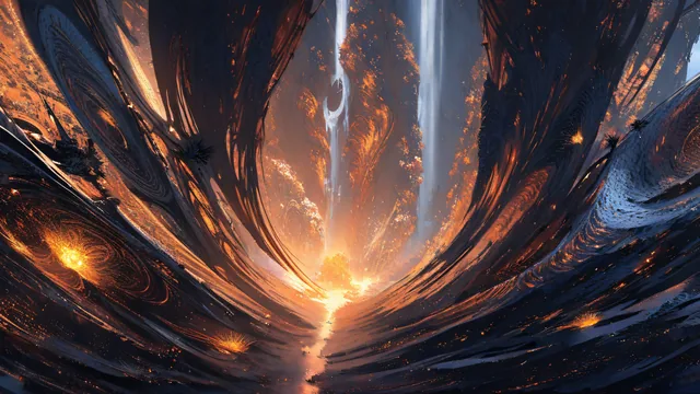 Formación abstracta con patrones espirales y luces cálidas en tonos dorados