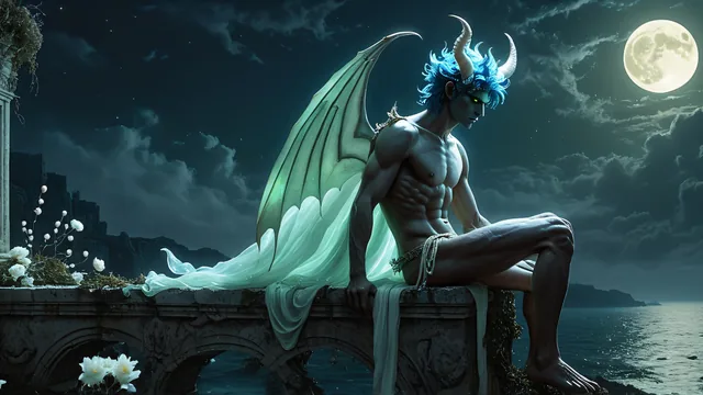 Demonio con alas y cuernos sentado en muro junto al mar bajo luna