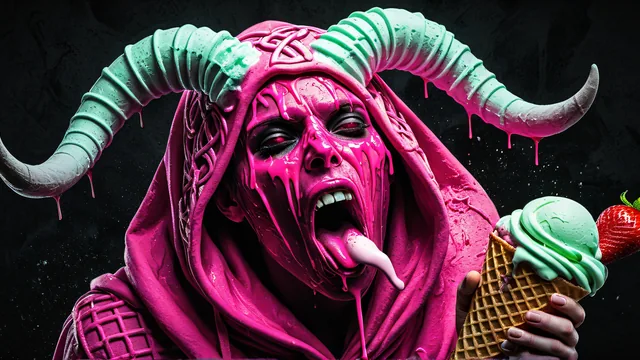 Demonio con capucha rosa sosteniendo helado de fresa