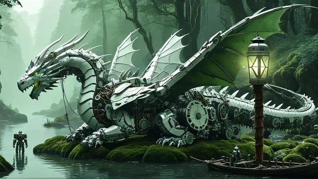 Dragón mecánico sobre roca cubierta de musgo en selva húmeda con farol y barco