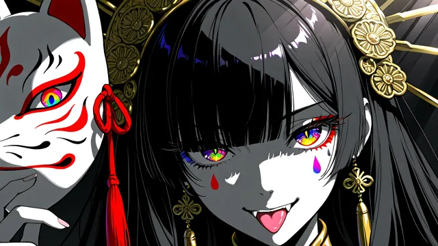 Chica anime con máscara de zorro y joyas doradas