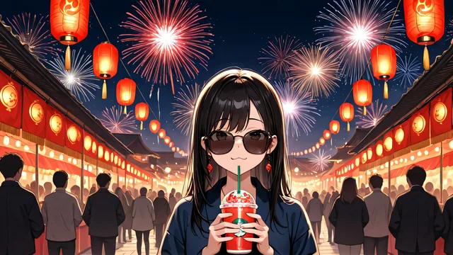 Chica con bebida en calle festiva iluminada por linternas y fuegos artificiales