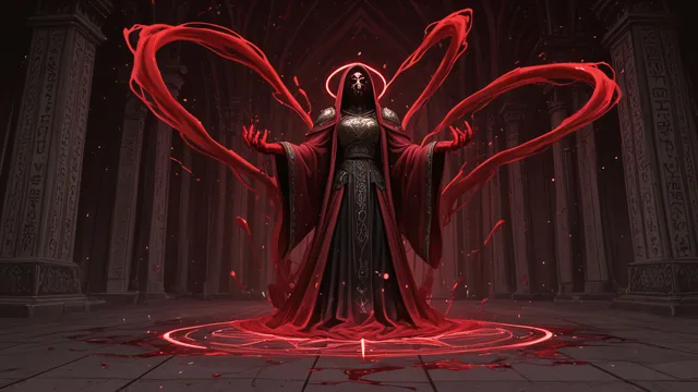 Figura mística con capa roja y símbolos sagrados en catedral gótico