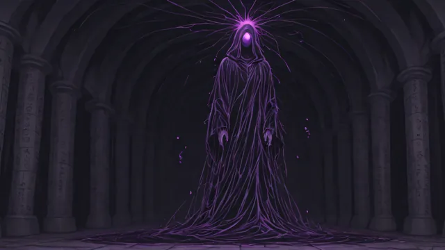 Entidad mística con luz violeta en interior gótico