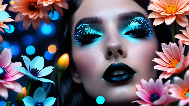 Chica con maquillaje neón entre flores coloridas