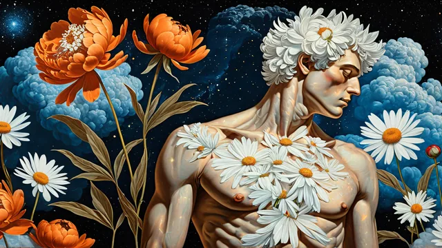 Figura humana con flores blancas y naranjas sobre fondo estrellado