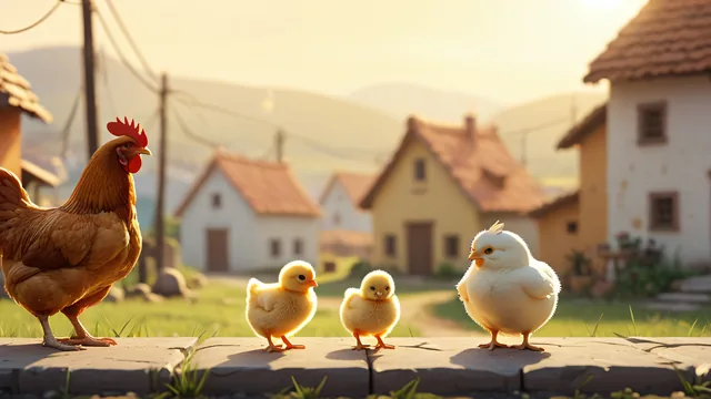 Gallina con pollitos en acera frente a casas rurales