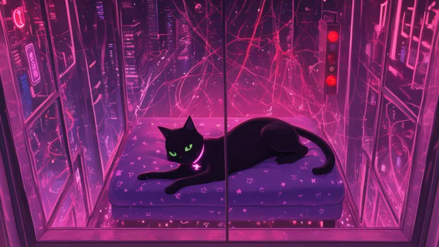 Gato negro sobre cojín estrellado en cabina neón rosa