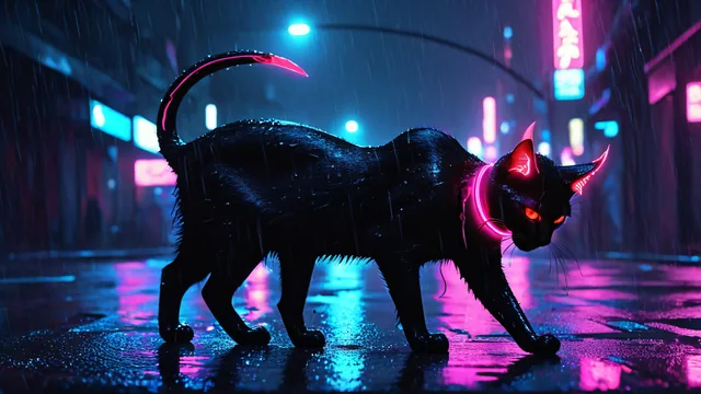 Gato negro con luces neón caminando en calle lluviosa cyberpunk