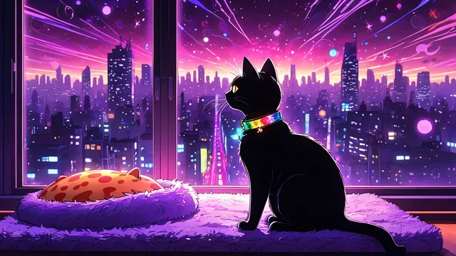 Gato negro en ventana frente ciudad neón nocturno