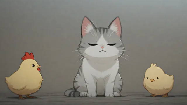 Gato gris con dos aves pequeñas sobre fondo gris uniforme