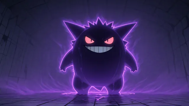 Gengar con aura púrpura en túnel de piedra