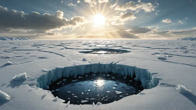 Agujeros en hielo sobre extensión de nieve con sol brillante