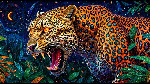 Leopardo en medio de follaje con fondo estrellado nocturno