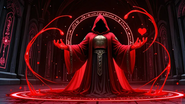 Personaje en capa roja frente a círculo mágico brillante