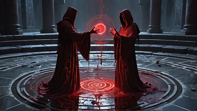 Dos figuras en capas rojas realizando un ritual sobre círculo luminoso