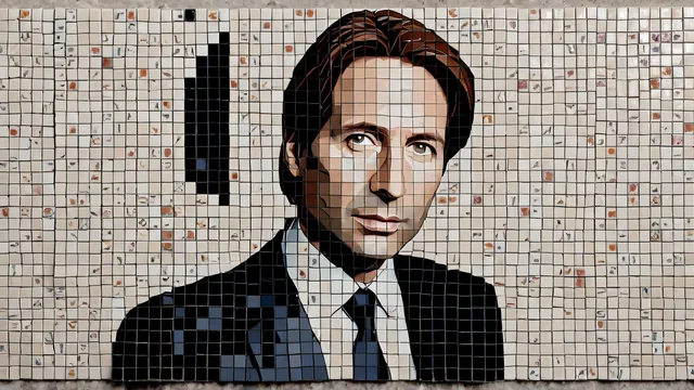 Retrato de hombre en traje con mosaico de azulejos