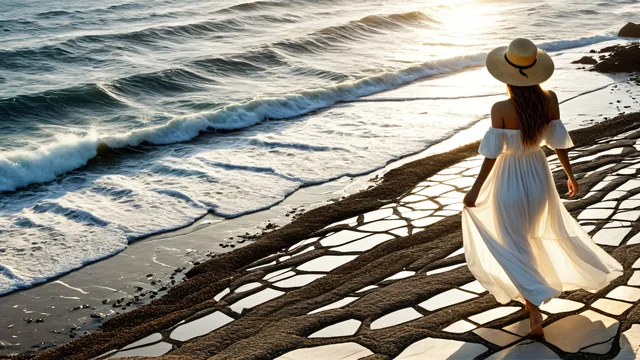 Persona caminando por sendero de piedra junto al mar