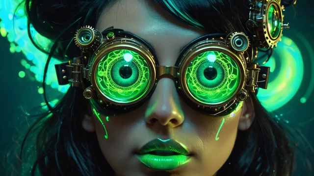 Mujer con gafas mecánicas y lentes verdes brillantes en entorno oscuro