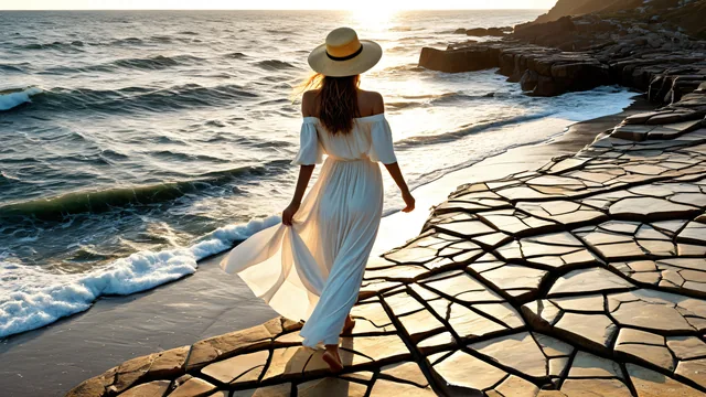 Joven en vestido blanco caminando por costas secas al atardecer