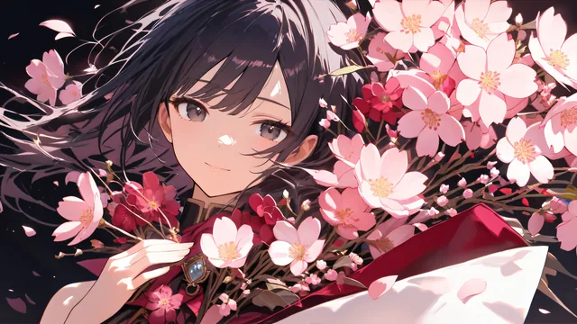 Niña sosteniendo ramo de flores rosadas en entorno oscuro