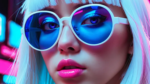 Chica con gafas de sol y cabello blanco frente a luces neón