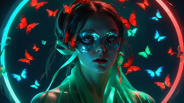 Chica con máscara y mariposas neón en círculos luminosos