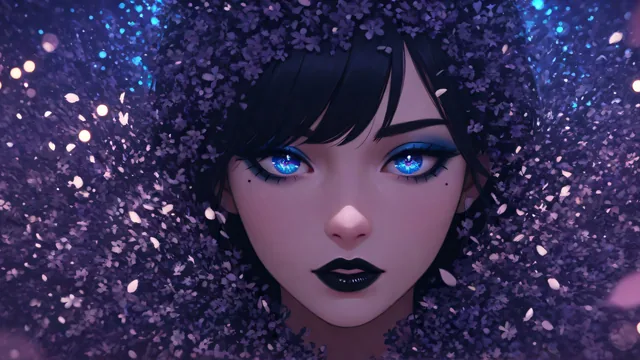 Chica con ojos azules entre flores púrpuras en fondo oscuro