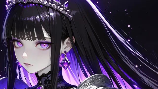 Niña anime con corona y ojos púrpura sobre fondo estrellado