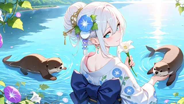 Chica con otter en lago rodeado de flores azules