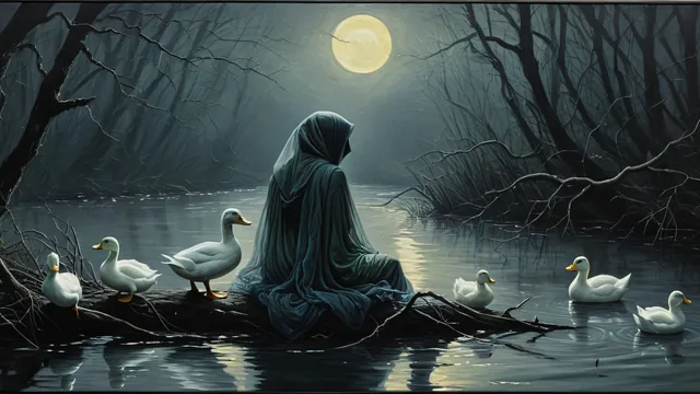 Niña con capa sentada en rama flotante entre patos y árboles oscuros