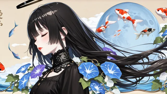 Chica con peces koi y flores azules en entorno acuático