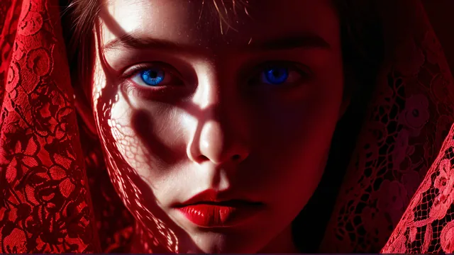 Niña joven con velo rojo bordado y ojos azules bajo luz dramática