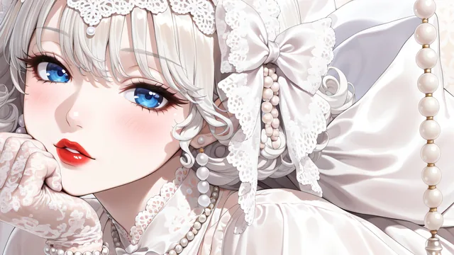 Niña joven en vestido blanco con perlas y encaje