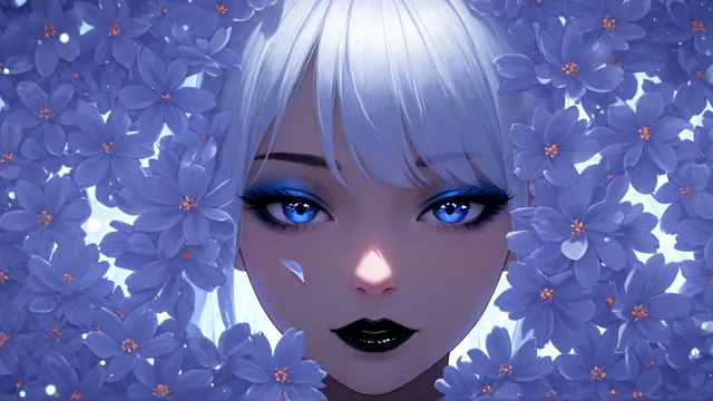 Chica con cabello blanco entre flores púrpuras brillantes
