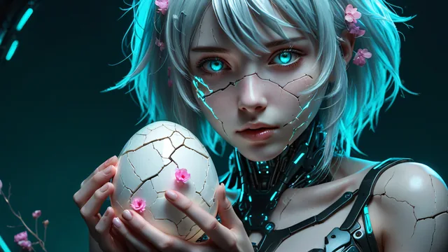 Chica cibernética con huevo fracturado en entorno futurista