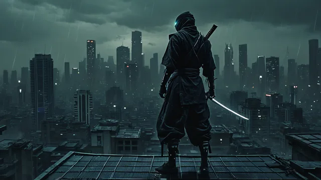 Ninja de espaldas sobre tejado con ciudad futurista al fondo bajo lluvia