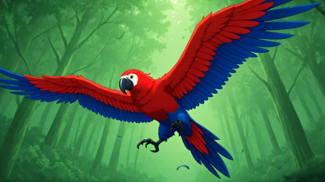 Papagayo rojo con alas azules volando en bosque denso
