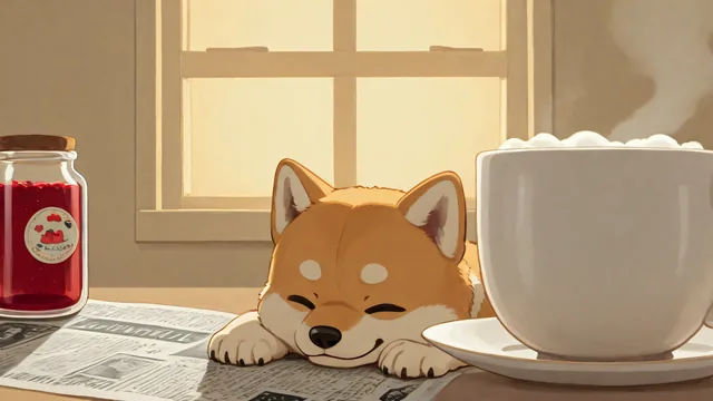 Perro shiba inui descansando sobre periódico junto a taza de café