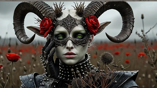Personaje con cuernos y máscara entre flores rojas