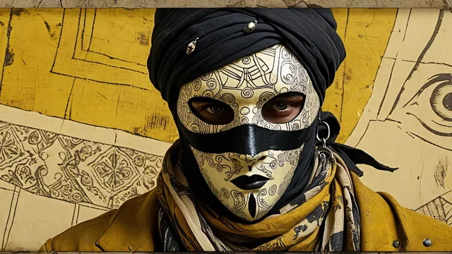 Personaje con máscara decorada y fondo gráfico amarillo