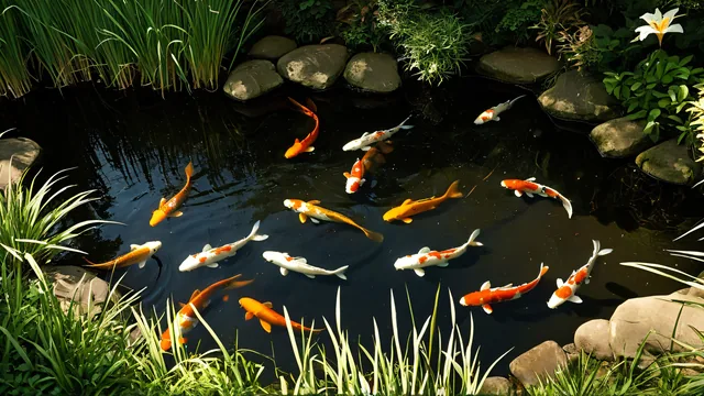 Koi nadando en estanque rodeado de plantas y piedras