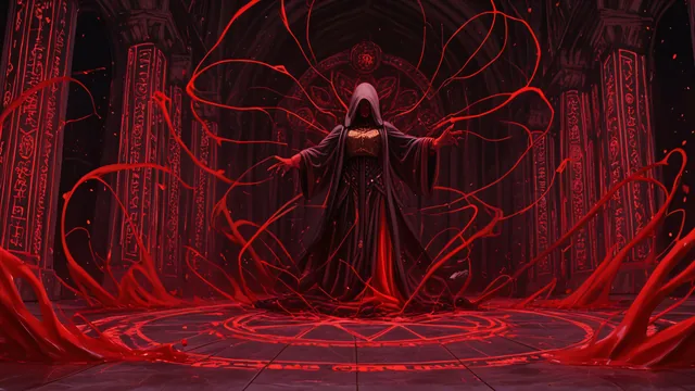 Sacerdotisa con energía roja en templo antiguo