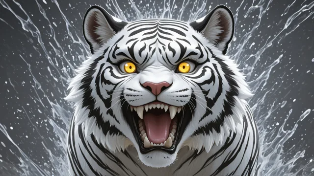 Tigre blanco rugiendo con agua salpicando en fondo gris