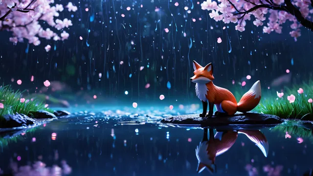 Zorro sentado bajo árboles florecidos durante una lluvia nocturna
